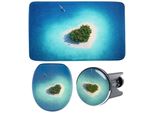 Badaccessoire-Set SANILO Dream Island, blau (türkis, blau), Holz, Polyester, Kunststoff, Badaccessoires-Sets, bestehend aus WC-Sitz, Badteppich und Waschbeckenstöpsel