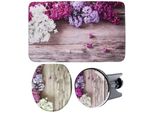 Badaccessoire-Set SANILO Flieder, bunt (lila, braun), Holz, Polyester, Polyresin (Kunststein), Badaccessoires-Sets, bestehend aus WC-Sitz, Badteppich und Waschbeckenstöpsel