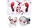 Badaccessoire-Set SANILO Blood, weiß (weiß, rot), Holz, Polyester, Polyresin (Kunststein), Badaccessoires-Sets, bestehend aus WC-Sitz, Badteppich und Waschbeckenstöpsel