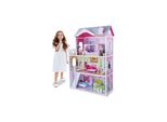 Moni Holz-Puppenhaus 4107 Aria 14-teilig mit Puppe, 3 Etagen, 4 Zimmer, Terrasse rosa