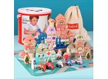 Blocchi Di Città In Legno Per Bambini Dai 3 Anni, Tappetino Per Puzzle + Selezionatore Di Forme + Blocchi, 115 Pezzi.