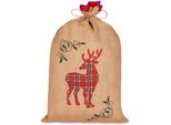 Brubaker Sacco Natalizio Renna - Sacco Regalo Da 80 Cm Per Natale - Motivo A Scacchi Rossi - Sacco Di Babbo Natale In Juta - Sacco Con Cordino Per Regali