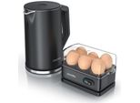 Arendo Frühstücks-Set Edelstahl Wasserkocher 1,5l, 6er Eierkocher, Schwarz