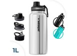 Wessper Bottiglia In Acciaio Inox Da 1 Litro A Prova Di Perdite Thermos Bpa Free Con 3 Tappi | Bottiglia Sportiva Elegante In Argento | Bottiglia Isolata