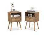 Costway Comodino 2 Pezzi In Rattan, Comodino Con Cassetto, Vano A Giorno E Gambe In Legno 40X30X60,5 Cm