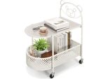 Costway Tavolino Mobile In Vetro, Tavolino Moderno A 2 Livelli Con Motivo A Orsetto, Cestino Portaoggetti E Struttura In Metallo, Tavolino Con Rotelle Bloccabili Bianco