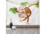 Abakuhaus Arazzo Caricaturale, Scimmia Con Albero Di Banane, Arazzo Per Soggiorno O Camera Da Letto, Arazzo In Raso Setoso, 150 X 100 Cm, Cioccolato Bianco