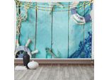 Abakuhaus Arazzo Nautico, Paesaggio Oceanico Nautico, Arazzo Per Soggiorno E Camera Da Letto, Arazzo In Raso Setoso, 150 X 100 Cm, Turchese Blu Navy