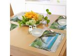 Tovagliette Abakuhaus Ocean, Ombre Di Una Palma Da Cocco Su Un'immagine Di Una Spiaggia Sabbiosa Bianca, Tiscjdeco In Tessuto Resistente Al Lavaggio Per La Sala Da Pranzo E La Cucina, Verde Chiaro, Azzurro, Bianco