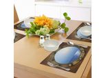 Tovagliette Abakuhaus Con Motivo Navale, Finestra Navale Con Tema Portuale. Design Marino E Nautico, Tiscjdeco In Tessuto Resistente Al Lavaggio Per Sala Da Pranzo E Cucina, Marrone Blu Terra Giallo.
