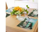 Abakuhaus Tovagliette Tropicali, Paesaggio Marino Mondiale Seashore Barca Abbandonata E Foglie Nella Giungla Foresta Pluviale Fresca Esotica, Tiscjdeco In Tessuto Resistente Al Colore Per La Sala Da Pranzo E La Cucina, Multicolore