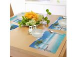 Tovagliette Abakuhaus Ocean, Paesaggio Idilliaco Seashore Picture Sun Rays Con Palma Tropical Beach, Tiscjdeco In Tessuto Resistente Ai Colori Per La Sala Da Pranzo E La Cucina, Bianco Verde Acquamarina