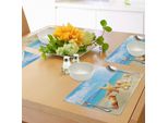 Abakuhaus Tovagliette Con Motivo A Conchiglie, Tema Spiaggia Estiva E Sabbia Con Raggi Di Sole Nel Cielo Nuvoloso, Stile Marino Costiero, Tiscjdeco In Tessuto Resistente Al Lavaggio Per Sala Da Pranzo E Cucina, Senape Avorio Acquamarina
