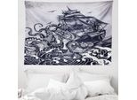 Abakuhaus Arazzo Nautico, Polipo E Nave Nella Tempesta In Morbido Tessuto Microfibra Lavabile Senza Scolorimento Stampa Digitale, 150 X 110 Cm, Indigo Purpleblue