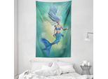Abakuhaus Arazzo E Copriletto Fiabesco, Sirene Che Nuotano In Morbido Tessuto Microfibra Lavabile Senza Scolorimento Stampa Digitale, 140 X 230 Cm, Verde Acqua Azzurro Pallido