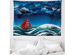 Abakuhaus Arazzo Nautico, Nave Cartoon Sulle Onde In Morbido Tessuto Microfibra Lavabile Senza Scolorimento Stampa Digitale, 150 X 110 Cm, Blu Arancione Prugna