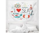 Abakuhaus Arazzo Nautico, I Love Sea Parole In Morbido Tessuto Microfibra Lavabile Senza Scolorimento Stampa Digitale, 150 X 110 Cm, Bianco Rosso Blu