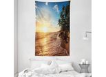 Abakuhaus Arazzo E Copriletto Paesaggistico, Palme Sulla Spiaggia In Morbido Tessuto Microfibra Lavabile Senza Scolorimento Stampa Digitale, 140 X 230 Cm, Blu Giallo Marrone