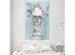 Abakuhaus Arazzo E Copriletto Turchese, Teschi E Fiori In Morbido Tessuto Microfibra Lavabile Senza Scolorimento Stampa Digitale, 140 X 230 Cm, Turchese Bianco