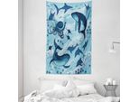 Abakuhaus Arazzo E Copriletto Blu, Delfini, Polpi E Stelle Marine In Morbido Tessuto Microfibra Lavabile Senza Scolorimento, Stampa Digitale, 140 X 230 Cm, Blu