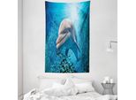 Abakuhaus Arazzo E Copriletto Con Motivo A Pesci, Delfino Nell'oceano Marino In Morbido Tessuto Microfibra Lavabile Senza Scolorimento Stampa Digitale, 140 X 230 Cm, Blu Grigio