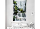 Abakuhaus Arazzo E Copriletto Paesaggistico, Cascata Con Rocce In Morbido Tessuto Microfibra Lavabile Senza Scolorimento, Stampa Digitale, 140 X 230 Cm, Verde Bianco E Nero