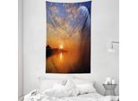Abakuhaus Tappeto Da Parete E Copriletto, Skyline Con Pianeta Sole In Morbido Tessuto Microfibra Lavabile Senza Scolorimento, Stampa Digitale, 140 X 230 Cm, Arancione Blu