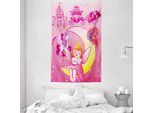 Abakuhaus Arazzo E Copriletto Rosa, Castello Con Unicorno E Luna In Morbido Tessuto Microfibra Lavabile Senza Scolorimento, Stampa Digitale, 140 X 230 Cm, Rosa