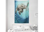 Abakuhaus Arazzo E Copriletto Con Animali, Elefante Nell'oceano Tropicale In Morbido Tessuto Microfibra Lavabile Senza Scolorimento, Stampa Digitale, 140 X 230 Cm, Blu-Grigio-Turchese