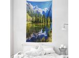 Abakuhaus Arazzo Da Esterno E Copriletto, Mountain Lake Evergreen In Morbido Tessuto Microfibra Lavabile Senza Scolorimento Stampa Digitale, 140 X 230 Cm, Verde Bianco Blu