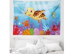 Abakuhaus Kids Arazzo, Tartaruga E Pesciolini In Morbido Tessuto Microfibra Lavabile Senza Scolorimento Stampa Digitale, 150 X 110 Cm, Multicolore