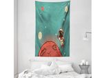Abakuhaus Tappeto Da Parete E Copriletto, Doodle Cosmonaut In Morbido Tessuto Microfibra Lavabile Senza Scolorimento Stampa Digitale, 140 X 230 Cm, Corallo Turchese Avorio