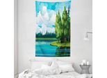 Abakuhaus Arazzo E Copriletto Paesaggistico, Forest Lake Wolken, In Morbido Tessuto Microfibra, Lavabile Senza Scolorimento, Stampa Digitale, 140 X 230 Cm, Verde Bianco Blu