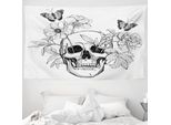 Abakuhaus Arazzo Con Teschi, Farfalle E Teschi In Morbido Tessuto Microfibra Lavabile Senza Scolorimento, Stampa Digitale, 230 X 140 Cm, Bianco E Nero