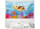 Abakuhaus Kids Arazzo, Tartaruga E Pesciolini In Morbido Tessuto Microfibra Lavabile Senza Scolorimento Stampa Digitale, 230 X 140 Cm, Multicolore