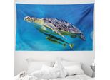 Abakuhaus Arazzo Tartaruga, Pesci Che Nuotano Nell'oceano In Morbido Tessuto Microfibra Lavabile Senza Scolorimento, Stampa Digitale, 230 X 140 Cm, Blu Giallo Marrone