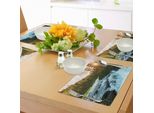 Abakuhaus Tovagliette Europee, Fiume In Norvegia Sunrise Raggi Di Sole Attraverso I Pini Primavera Paesaggio, Tiscjdeco In Tessuto Resistente Al Colore Per La Sala Da Pranzo E La Cucina, Verde Mela Azzurro