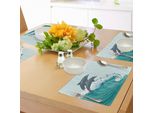 Abakuhaus Tovagliette Con Motivi Marini, Onde, Schizzi D'acqua, Oceano E Due Delfini, Estate, Tiscjdeco In Tessuto Resistente Ai Colori Per La Sala Da Pranzo E La Cucina, Grigio Antracite Teal