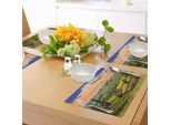 Tovagliette Abakuhaus Natur, Immagine Di Pascoli Rurali Con Recinti Surreal Countryside Image Print, Tiscjdeco In Tessuto Resistente Al Lavaggio Per La Sala Da Pranzo E La Cucina, Arancione Verde Blu