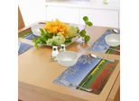 Tovagliette Abakuhaus Con Motivi Floreali, Campo Di Papaveri Con Panorama Primaverile E Alberi In Fiore In Un Prato Naturale, Tiscjdeco In Tessuto Resistente Al Lavaggio Per Sala Da Pranzo E Cucina, Multicolore