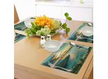 Tovagliette Hawaiane Abakuhaus, Alba Sulla Baia Di Hanauma, Oahu, Hawaii Raggi Di Sole Attraverso Le Nuvole Linea Costiera, Tiscjdeco In Tessuto Resistente Ai Colori Per La Sala Da Pranzo E La Cucina, Turchese Giallo Verde