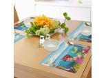 Tovagliette Subacquee Abakuhaus, Illustrazione Di Una Sirena Sorridente Sotto L'arte Dell'isola Con Palme E Giardino Marino, Tiscjdeco In Tessuto Resistente Al Colore Per La Sala Da Pranzo E La Cucina, Multicolore