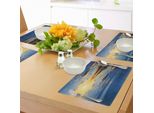 Abakuhaus Tovagliette Mistiche, Ultimi Raggi Di Sole Della Giornata Scenario Vibrante Immagine Romantica E Sognante Di Una Vacanza Tropicale, Tiscjdeco In Tessuto Resistente Al Colore Per La Sala Da Pranzo E La Cucina, Giallo Blu