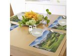 Tovagliette Abakuhaus Naturali, Alpi In Primavera Stagione Con Erba Fresca Cielo Montagne Maestose Immagine Artistica, Tessuto Lavabile Sala Da Pranzo Cucina Decorazioni Da Tavola Stampa Digitale, Verde Blu