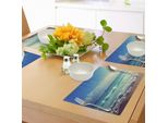 Tovagliette Abakuhaus Ocean, Spiaggia Paradisiaca Di Un'isola Tropicale Al Tramonto Con Onde E Immagine Nebbiosa Del Mare, Tessuto Lavabile E Resistente Al Lavaggio Per Sala Da Pranzo E Cucina, Turchese Crema