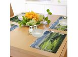 Tovagliette Abakuhaus Naturali, Sole Nascente Nella Valle Cielo Nuvoloso Scuro Paesaggio Pastorale Drammatico Cielo Stampa, Tiscjdeco In Tessuto Resistente Al Colore Per La Sala Da Pranzo E La Cucina, Verde Blu