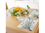 Tovagliette Abakuhaus Con Uccelli, Albero Primaverile Con Silhouette Di Uccello In Volo, Vento, Libertà, Pace, Vita, Tiscjdeco In Tessuto Resistente Al Lavaggio Per Sala Da Pranzo E Cucina, Bianco, Nero, Verde