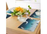 Tovagliette Fantasia Abakuhaus, Ragazzo Chesulla Luna Con Una Corda E Ragazza Su Una Panchina - Amore - Romanticismo - Arte Fantasy, Decorazione Da Tavola In Tessuto Resistente Ai Colori Per La Sala Da Pranzo E La Cucina, Bianco E Verde Acqua