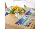 Abakuhaus Tovagliette Paesaggio, Spiaggia Tropicale Con Molo In Legno E Immagine Panoramica Estiva Del Cielo, Tiscjdeco In Tessuto Resistente Al Colore Per La Sala Da Pranzo E La Cucina, Turchese Bianco Crema