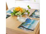 Tovagliette Abakuhaus Ocean, Spiaggia Esotica, Acqua E Palme Sulla Riva Con Cielo Limpido, Tiscjdeco In Tessuto Resistente Ai Colori Per La Sala Da Pranzo E La Cucina, Bianco Verde Blu